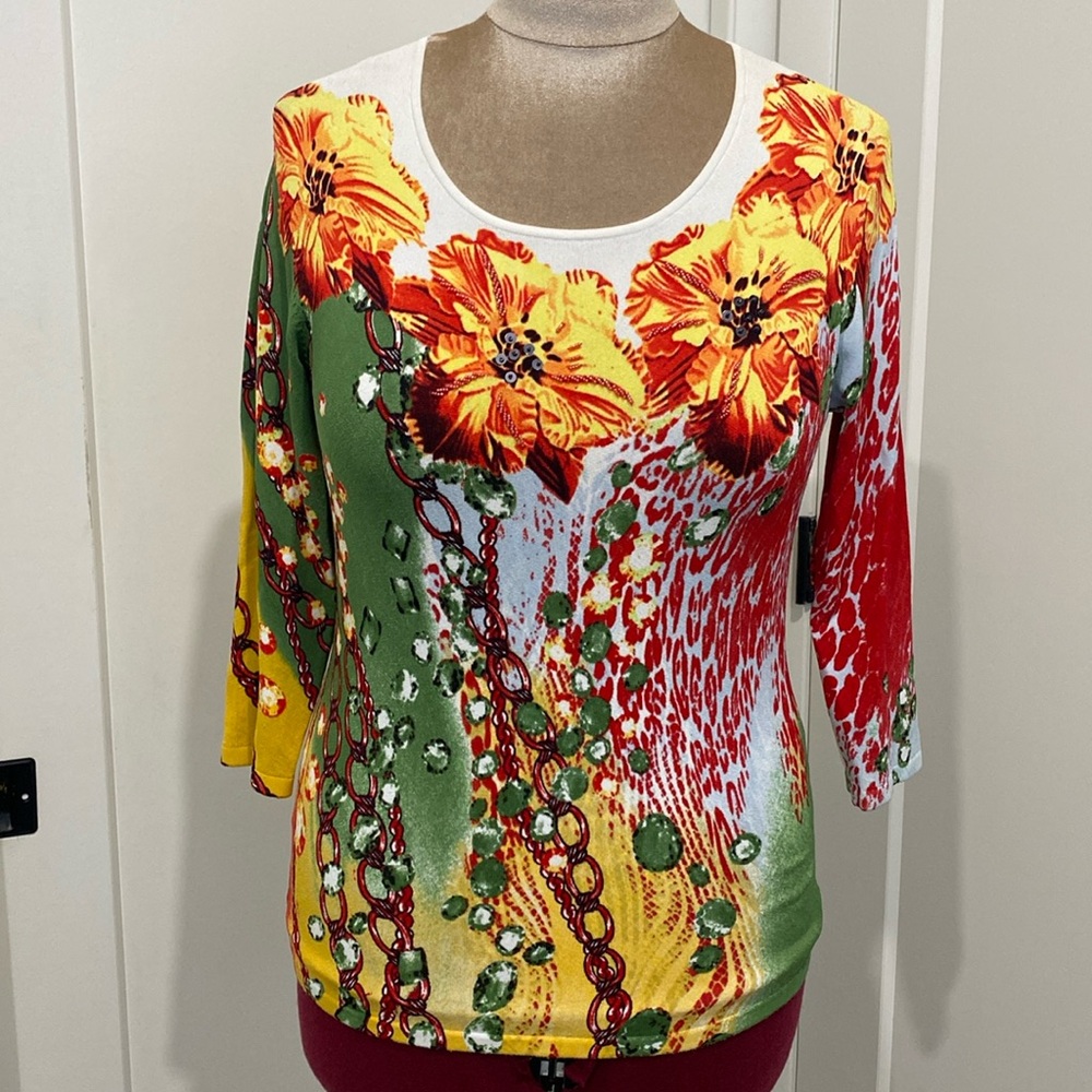 NWT Peck & Peck 3/4 Sleeves Beaded Floral Stretchy Top |Size Large